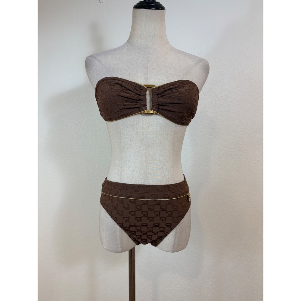 St John Sport Swimsuit Size 4 Brown Monogram Bandeau Bikini Set quiet luxury